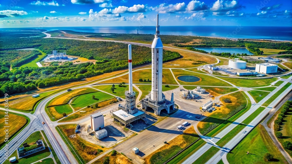 Poster aerial view of a space satellite launch center surrounded by infrastructure and launch pads in a cle