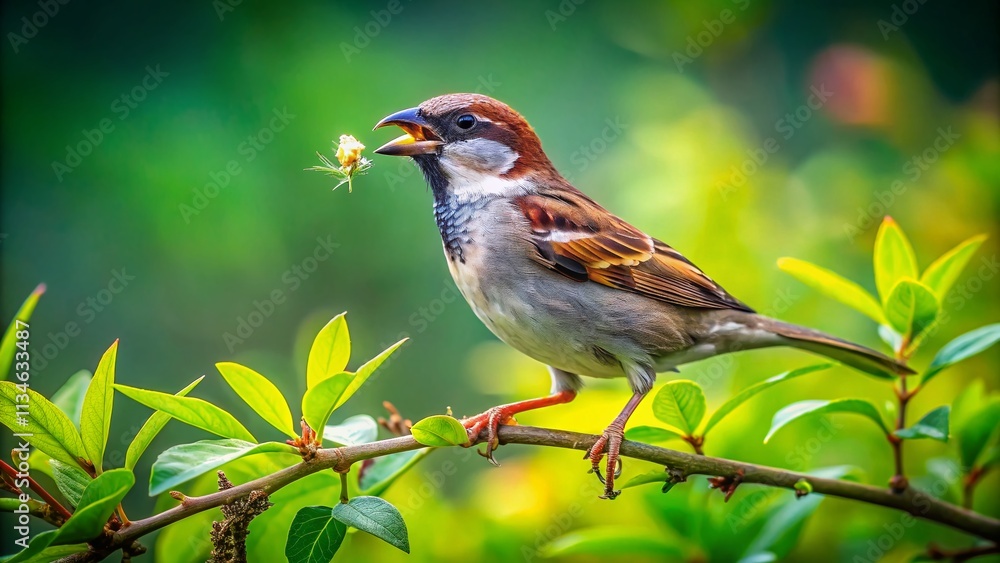 Poster aerial view of a sparrow grabbing an insect in a lush green environment, capturing the essence of na