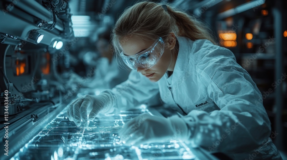 Poster a scientist examines samples in a high-tech laboratory, emphasizing research and innovation.