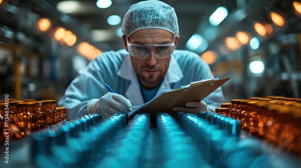 Poster a scientist inspects bottles in a laboratory setting, ensuring quality control.