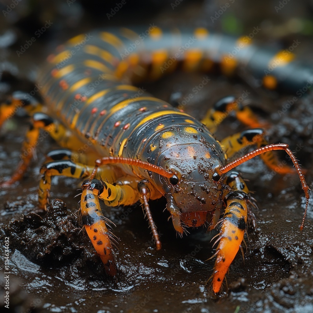 Poster a close-up of a colorful insect with distinct orange and black patterns in a muddy environment.