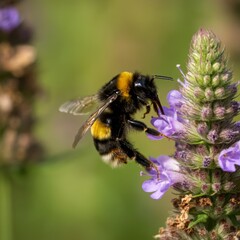 Closeup of a Bombus terrestris, the buff-tailed bumblebee or large earth bumblebee, feeding nectar of pink flowers

