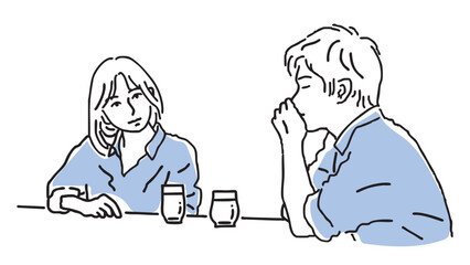 飲物の前で語り合う男女の線画_2色青黒