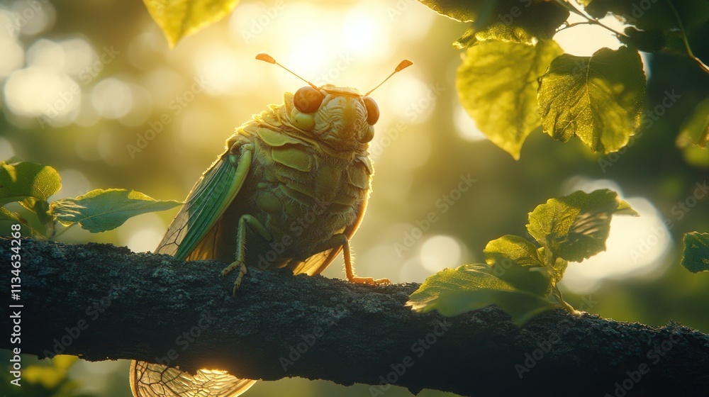 Poster a close-up of a cicada perched on a branch with sunlight filtering through leaves.