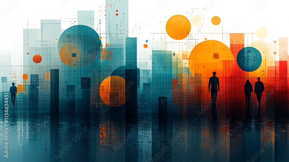 Poster abstract artwork features geometric shapes like ascending bars and interconnected circles utilizing 