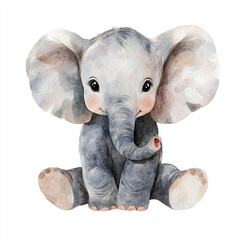 Watercolor illustration of baby elephant, cute and minimalistic