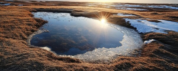 Naklejka premium Reflective Pools Amid Thawing Tundra in the Warming Arctic Landscape