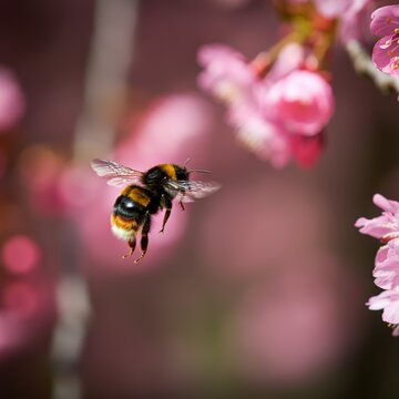Closeup of a Bombus terrestris, the buff-tailed bumblebee or large earth bumblebee, feeding nectar of pink flowers
