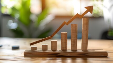 Wooden Growth Chart with Rising Bars and Arrow in Cozy Natural Setting