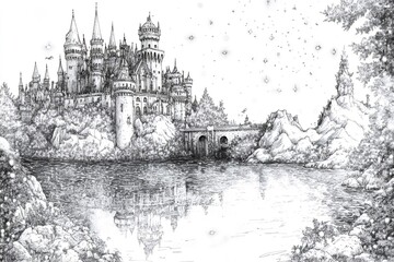Intricate coloring page featuring a majestic medieval castle reflected in a serene lake, surrounded by lush foliage and sparkling stars