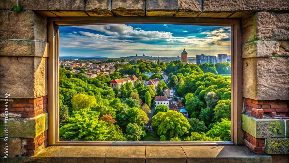 Poster aerial view of a unique architectural feature: a window set in a wall, surrounded by lush greenery a