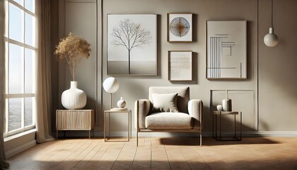 A serene living space features a neutral color scheme, with artwork centered above an armchair.