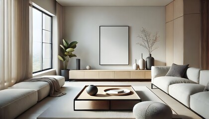 Minimalist interior design. The room has light walls, pale wood furnishings, a large window, and modern furniture.