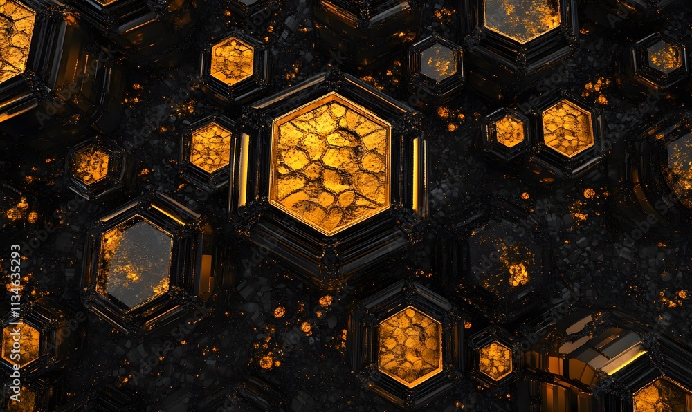 Poster hexagonal cells in gold and dark stone texture with geometric patterns.