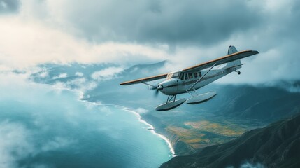 A seaplane flying over a coastal landscape with mountains and ocean.