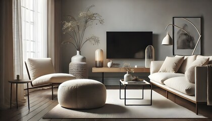 Fototapeta premium A modern living room showcases neutral decor and a dark television above a light wooden media cabinet.
