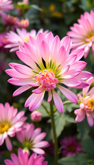 Obraz premium Bright plant flower blossom blooming chrysanthemum floral background nature beauty pink, hyperrealism, with white tones