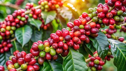 Coffee beans ripening on a tree , Coffee, beans, ripening, tree, agriculture, growth, organic, farm, plantation, harvest