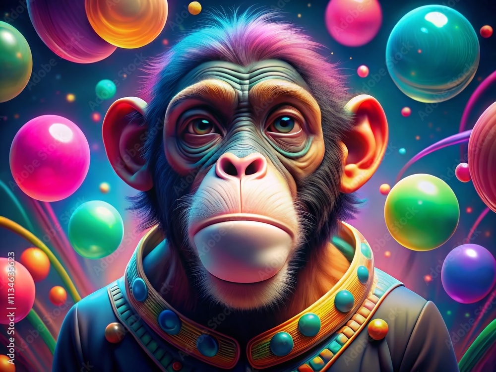 Poster aerial view of a vibrant ape character blowing bubble gum in whimsical nft style, surrounded by colo