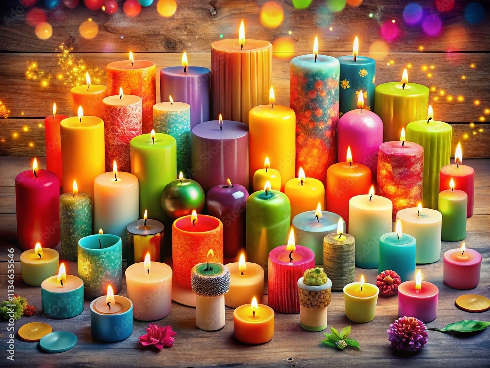 Poster aerial view of a vibrant array of colorful candles in various shapes and sizes perfect for celebrati