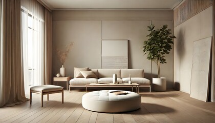 Beige living room with a sofa, ottoman, and plant create a calm and minimalist space.