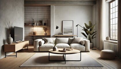 Fototapeta premium A neutral colored modern living room features a sofa, round coffee table, and media console.