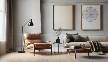 A living room interior is shown, staged with contemporary furniture, artwork, and a floor lamp. 