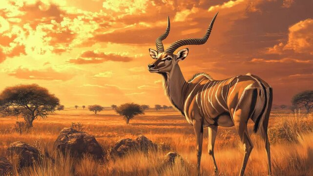 Wild kudu with large spiral horns in a savannah, alert and majestic, beautiful and natural, serene landscape, wildlife safari scene.