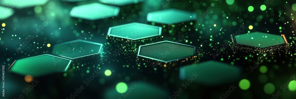 Poster a digital representation of hexagonal shapes with glowing particles in a dark background.