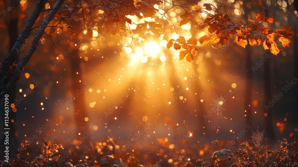 Poster A serene autumn forest scene with sunlight filtering through trees, creating a magical atmosphere.