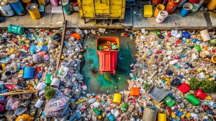 Fototapeta premium Aerial View of a Waste Bin Surrounded by Trash in an Urban Environment, Highlighting the Importance of Waste Management and Recycling for a Cleaner Planet