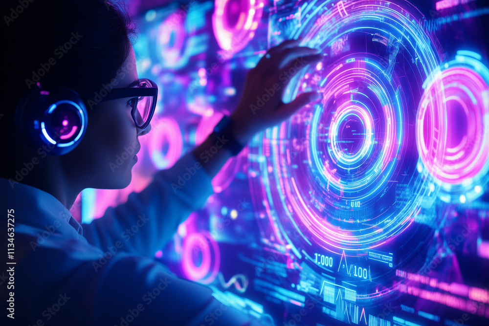 Poster a businesswoman interacting with a holographic interface showing financial data and pie charts with 