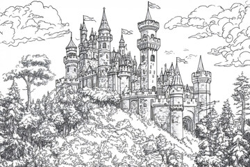 Fototapeta premium Intricate line art depicts a fairytale castle standing on a hilltop, surrounded by a dense forest and beneath a cloudy sky