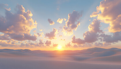 Serene desert sunset landscape with soft pastel clouds and warm light illuminating the sand dunes. Perfect for travel, nature, or tranquility themes.