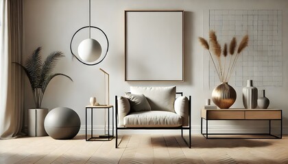 Minimalist Living Room Mockup with Empty Frame and Armchair