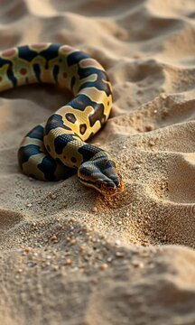 Ball Python on Sandy Terrain A Close Up View of a Ball Python Snake Resting on a Sandy Surface