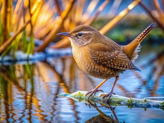 Aerial View of a Winter Wren Perched on a Branch Amidst a Serene Swamp Landscape in Winter, Showcasing Nature's Beauty and Tranquility in the Wild Environment