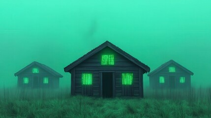 Obraz premium Eerie houses in a misty green landscape