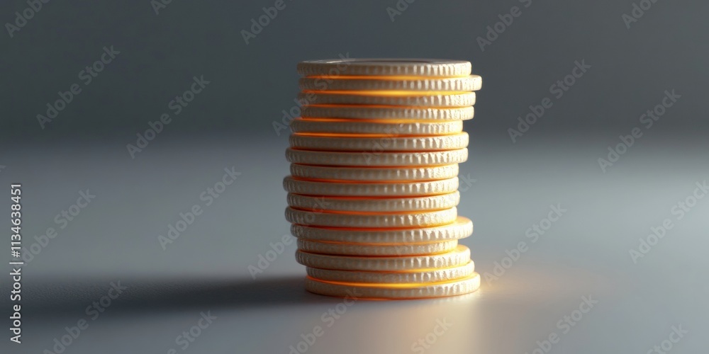 Poster a clean and simple clay coin stack with glowing edges, surrounded by soft lighting