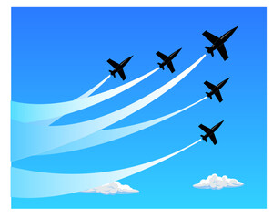 Silhouette de cinq avions en vol avec des traînées blanches sur fond bleu