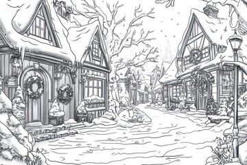 Obraz premium Charming illustration of a snowy winter village street, featuring decorated houses, perfect for coloring activities