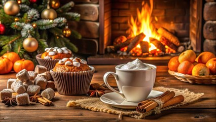 Fototapeta premium Cozy winter scene with cocoa, marshmallows, fireplace, tangerines, muffins , cozy, winter, scene, cocoa