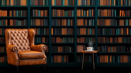 Cozy library corner with vintage armchair and steaming coffee
