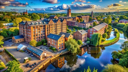 Obraz premium Aerial View of Charming Apartments Overlooking the Historic Old Steam Mill Building by the Shropshire Union Canal in Chester, Cheshire, England Captured in Stunning Detail
