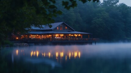Fototapeta premium Lakeside Cabin Illuminated by Evening Lights