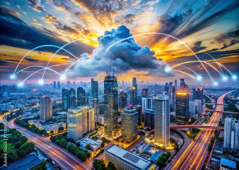 Aufkleber aerial view of cloud technology and big data visualization with digital connections over a modern ci