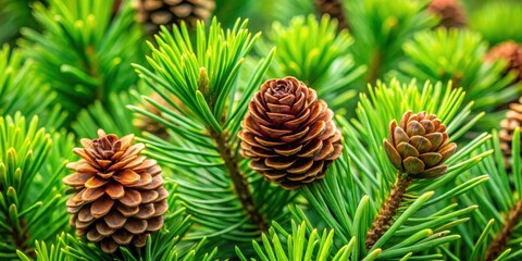 Fototapeta premium Macro green pine tree needles background with pine cones, creating a beautiful abstract nature pattern , macro