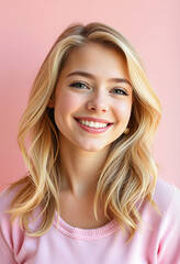 Fototapeta premium portrait attractive young blonde hair girl smiling beauty concept isolated pastel color wall background, pop-art, with white tones