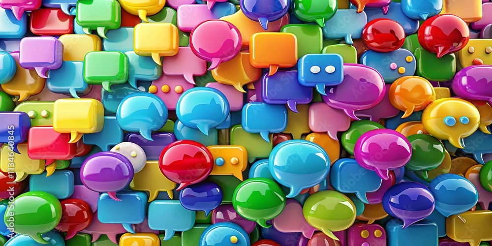 Poster aerial view of colorful message bubbles representing chat conversations and sms texting trends in a 
