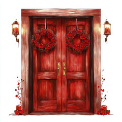 beautiful red wooden door adorned with floral wreaths and lanterns, evoking warm and inviting atmosphere